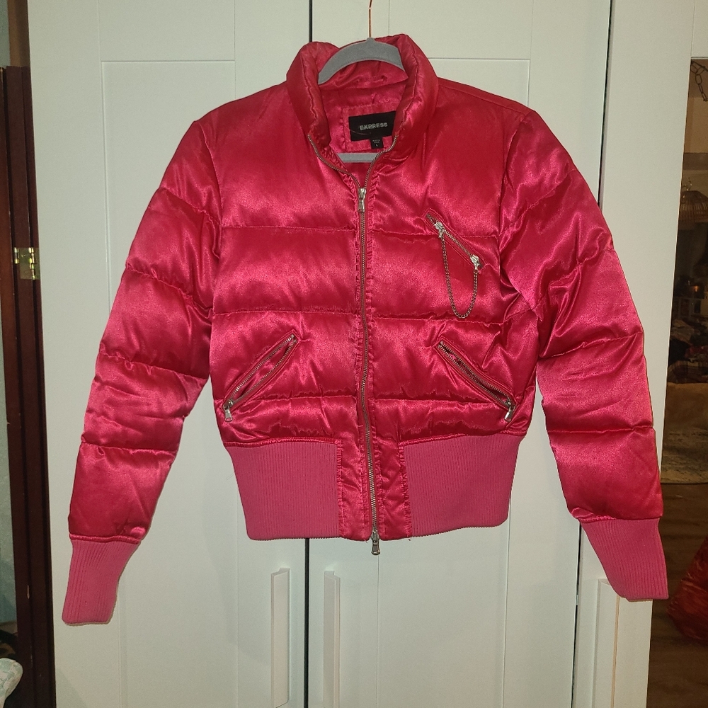 Express Women's/Girls Hot Pink Puffer Jacket Coat w/ High Collar L